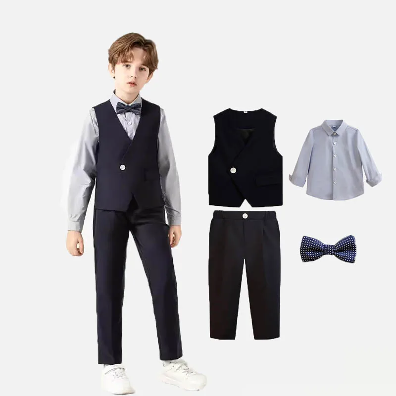 

Prince 4Pieces Vest Shirt Pants BowTie Photograph Suit Boys Festival Ceremony Dress Kids Children Wedding Performance Costume