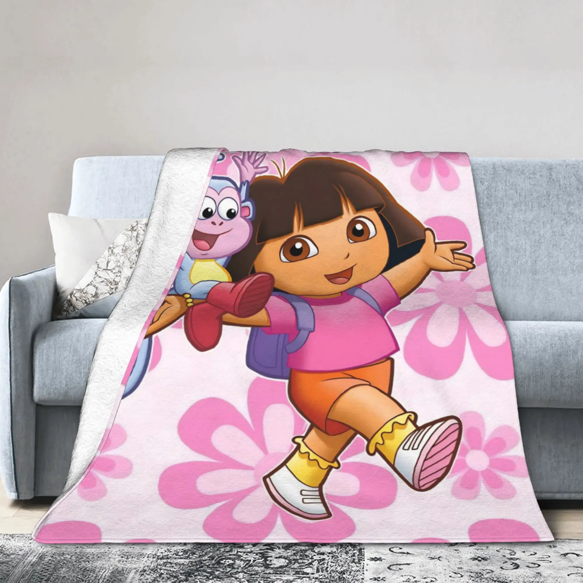 D-Doras Friends Boots Monkey Knitted Blanket Explorer Cartoon Flannel Throw Blanket Airplane Travel Bedspread Multi-function