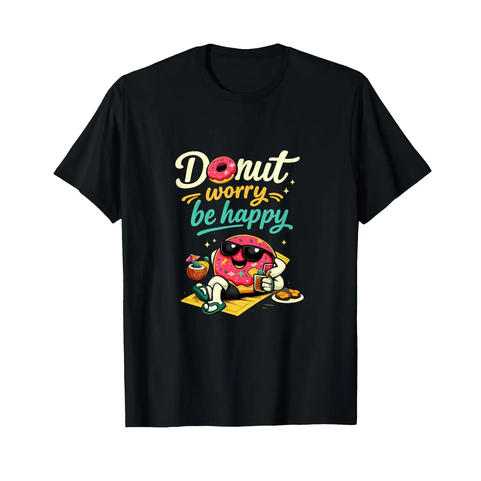 Donut Worry Be Happy Retro Script Sunglasses T Shirt vintage Washed Top For Everyday Wear graphic Comfortable Slightly