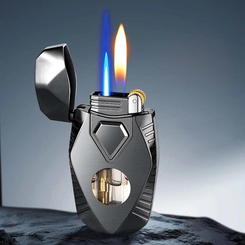 2023 NEW Portable Metal Grinding Wheel Torch Lighters Double Flames Windproof Cigarette Lighter Mini Butane Gas Lighter Gift