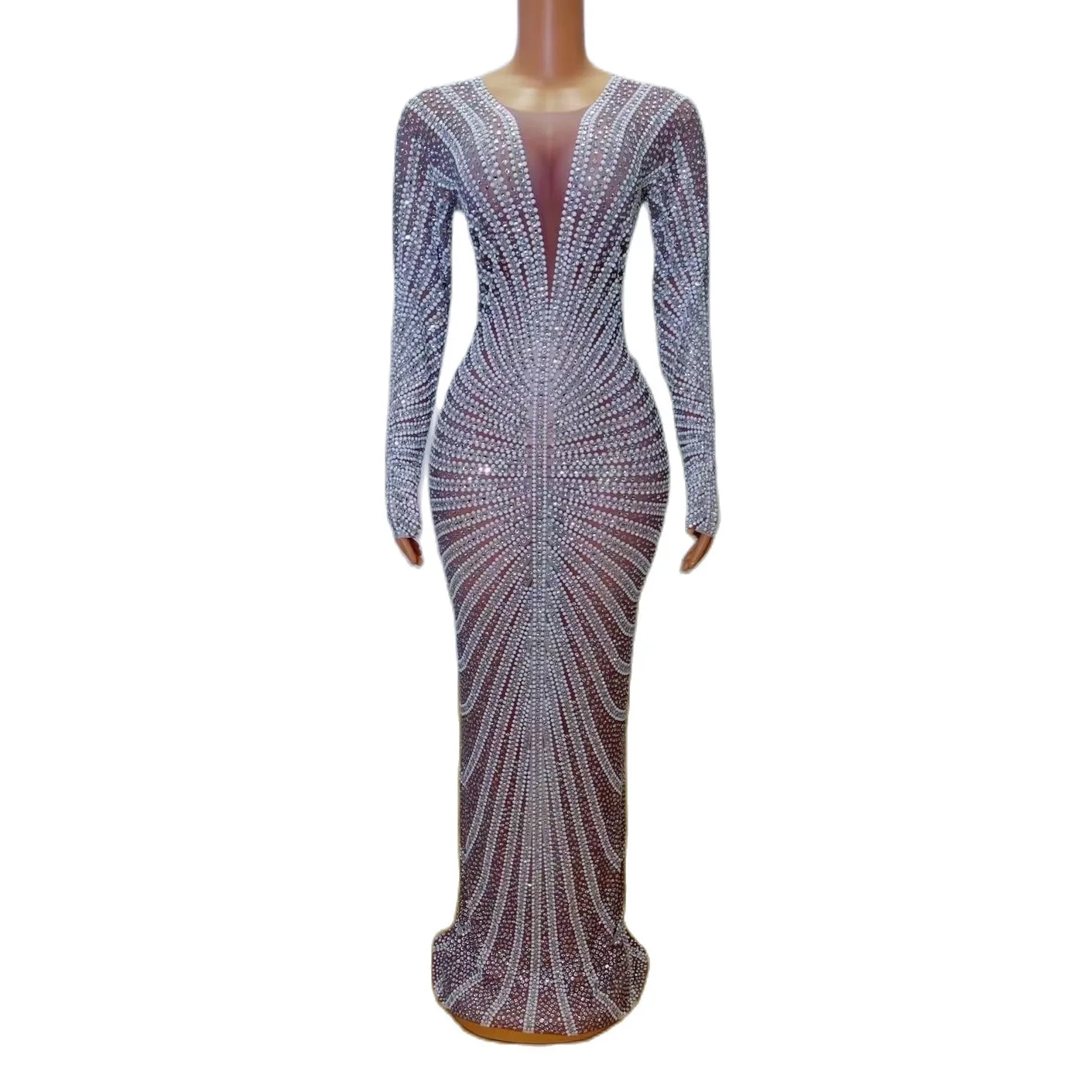 

Shining Rhinestones Long Sleeves Sexy Dress For Women Evening Celebrity Clothing Singer Ballroom Stage Costumes Banquet Wear