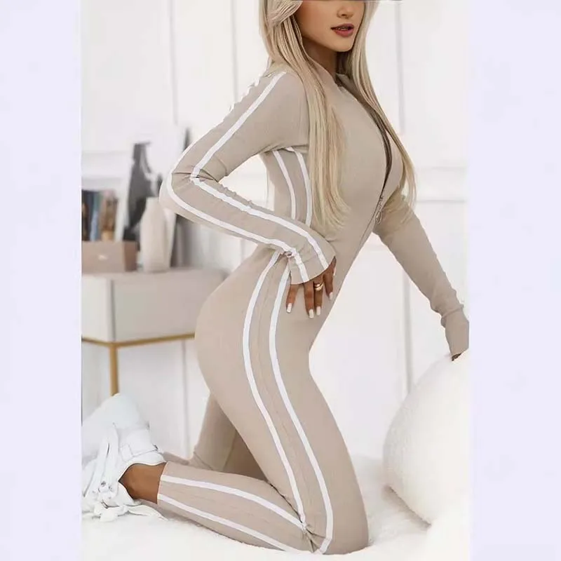 Women's Sporty Long Sleeve Jumpsuit Outfit Zip Up Front Workout Bodycon Romper