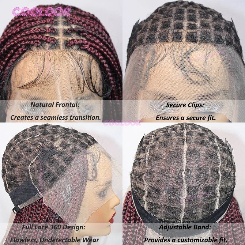 1BBurgundy 36 "Wig Sintetis Kepang Cornrow Wig Kepang Renda Penuh untuk Wanita Kulit Hitam Wig Kepang Kotak Tanpa Simpul