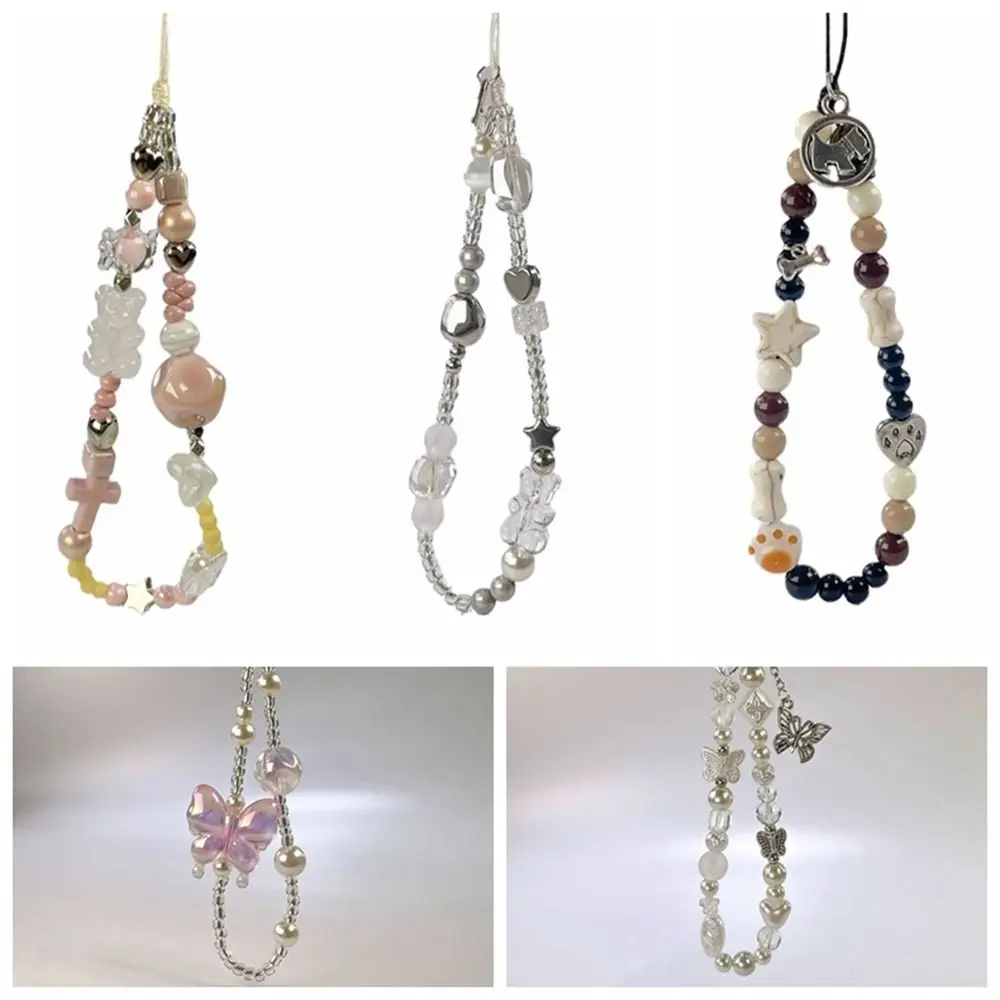 

Y2K Silver Cell Phone Strap Sweet Girl Hanging Cord Phone Lanyard Pendant Anti-Lost Beads Phone Chain Bracelet Keychain
