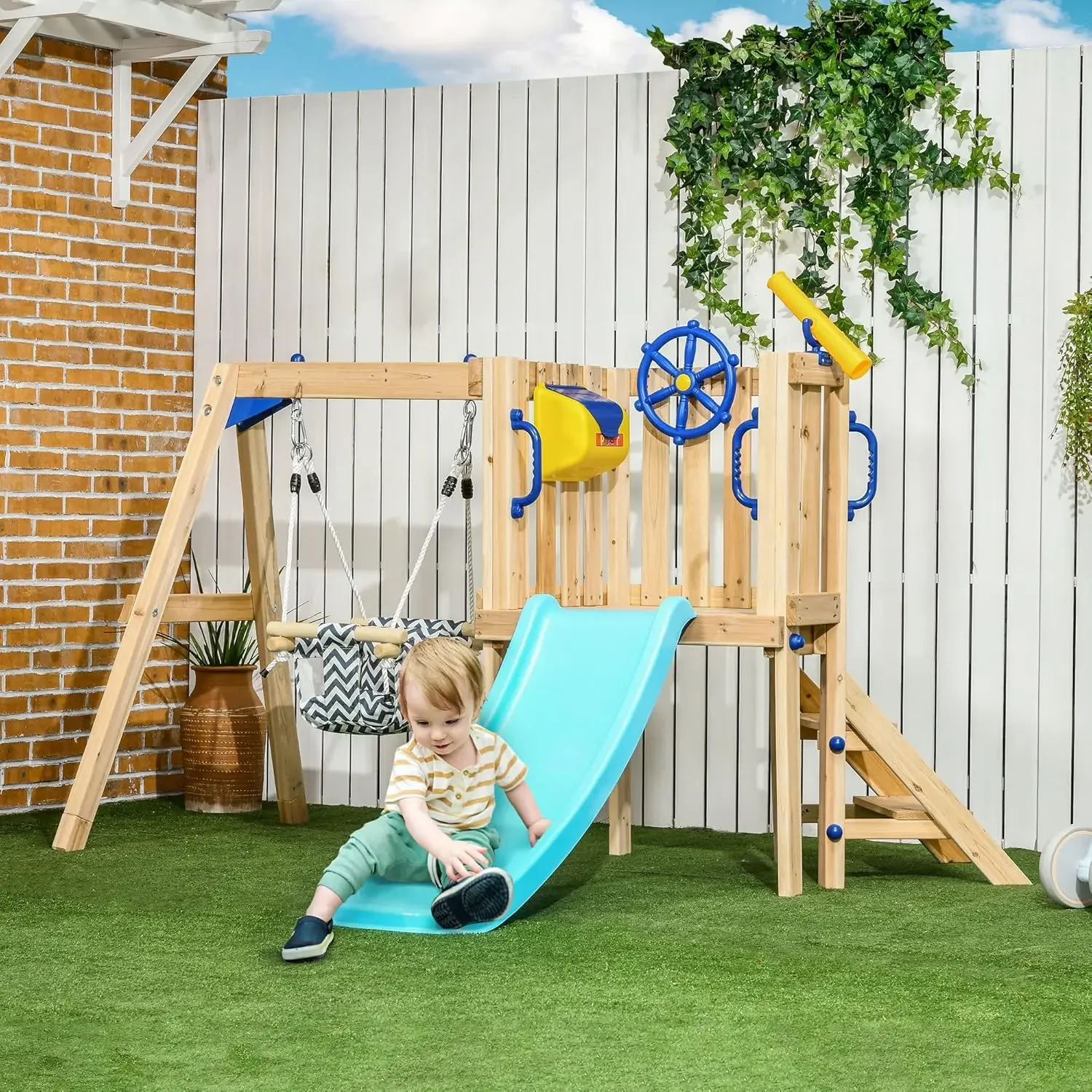 Outsunny 3 in 1 Wooden Swing Set Outdoor Playset with Baby Swing Seat, Toddler Slide, Captain's Wheel, Telescope, Kids Backyard