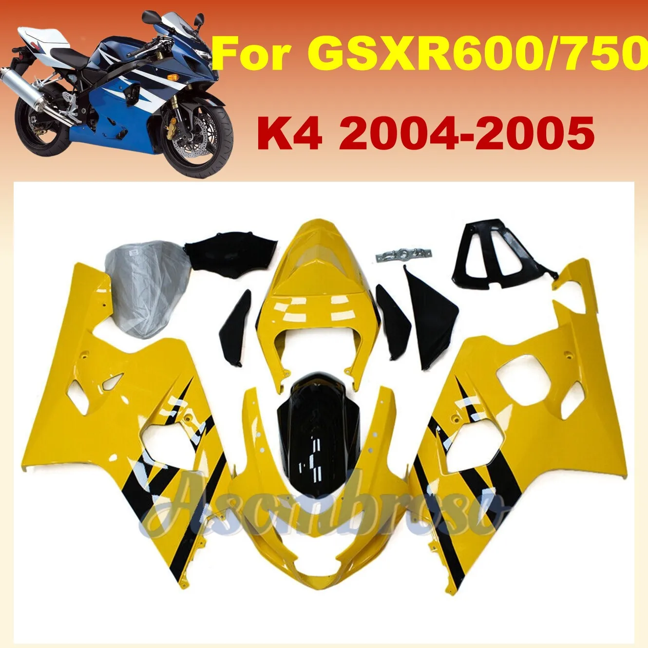 Great Quality Plastic Sport Universal Bikes For GSXR600 750 2004 2005 GSXR750 04 05 Bike Yellow Fairing Kit with Rear seat cover