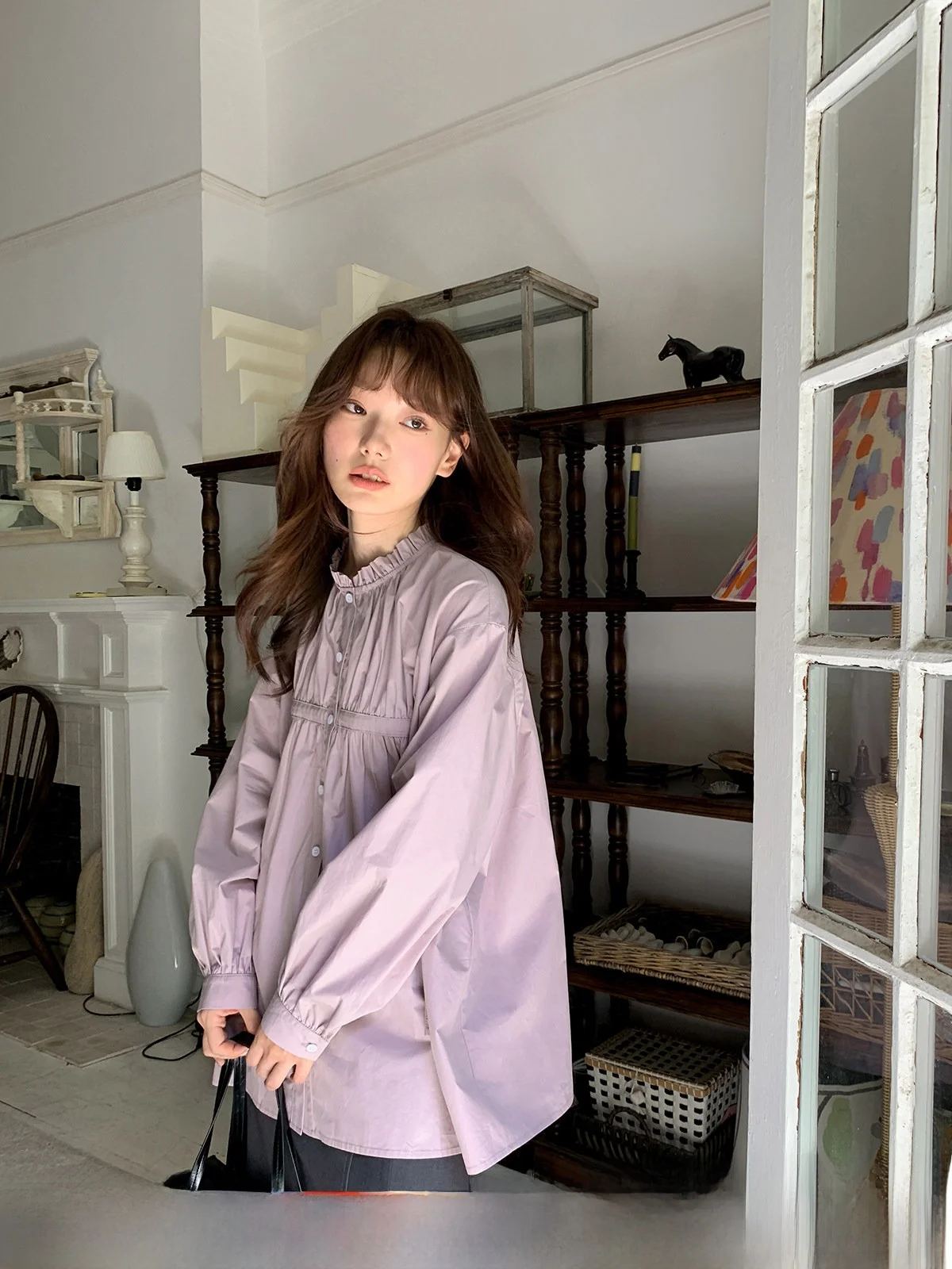 

Свободная женская блузка с длинным рукавом, плиссированная, с круглым вырезом, из хлопка, во французском стиле, модная, стройнящая, весенняя новинка