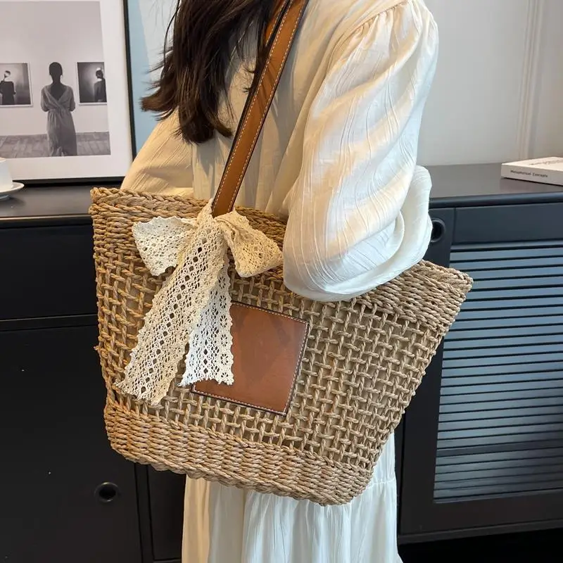 2025 nova bolsa tote feminina st tecido verão praia vaion grande capacidade único oulder cesta sle bolsa coreano sle