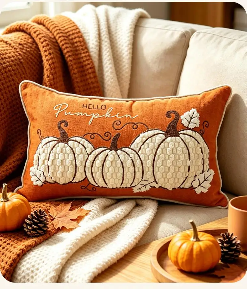 Thanksgiving Kürbis-Stickerei Kissenbezug Cojines Vintage Sofa-Kissenhülle Atmosphärische Heimdekoration Kissenbezüge – Detail 8