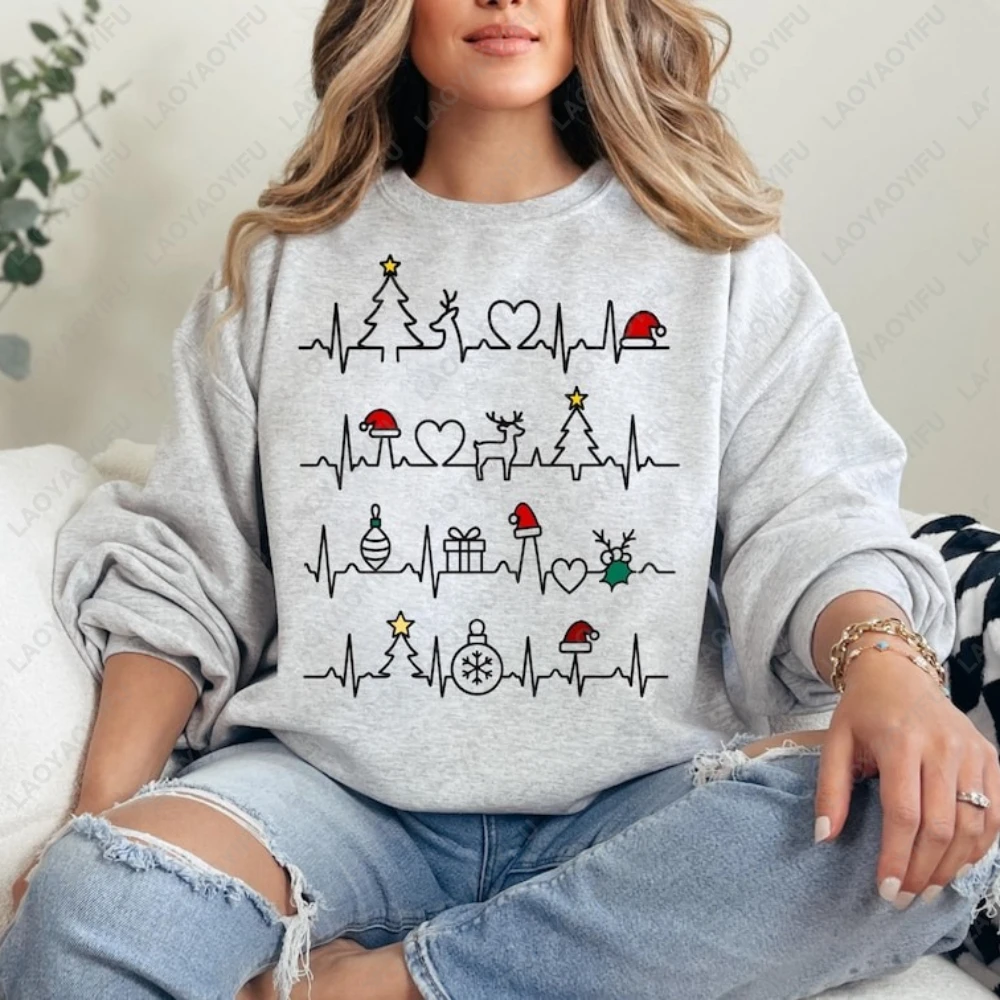 Christmas Funny Heartbeat EKG Sweatshirt  Xmas Trees Christmas Hat Graphic Pullover  Woman Men Medical Tops Gift Casual Sweater