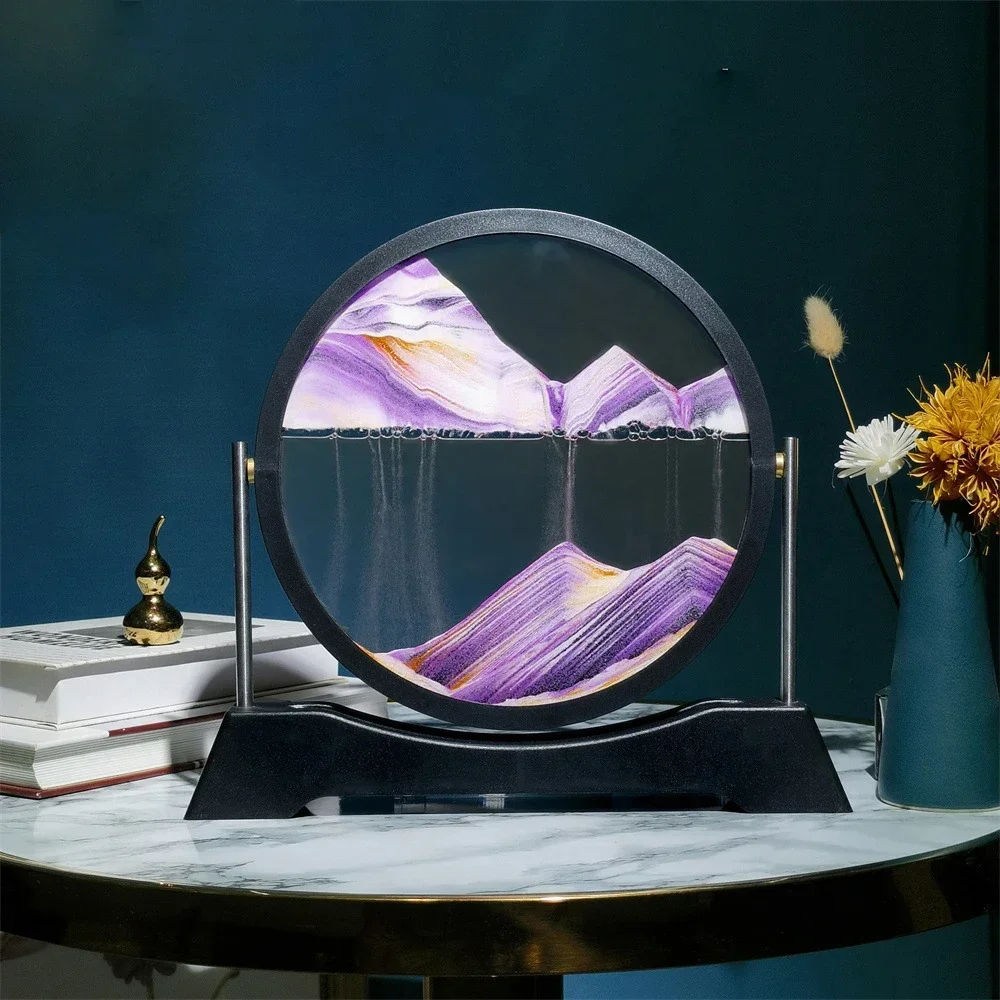 تدوير Sandscape تتحرك الرمال صورة فنية تتدفق الرمال اللوحة الزجاج المستديرة الرمال المتحركة ثلاثية الأبعاد الساعة الرملية مكتب ديكور المنزل الهدايا