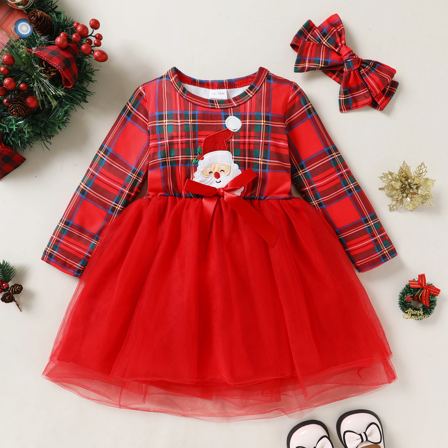 Baby Girl Clothes 6M-5T Fall/Winter Christmas Dress Striped Long Sleeve Santa Printed Tulle Dress 2PC Girl Christmas Outfit