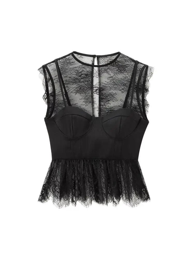 Women\'s Blouses with Lace, O Neck, Sleeveless, Side Zipper, Female Shirts, Sexy Fashion, Chic Tops
