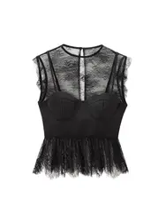 Women's Blouses with Lace, O Neck, Sleeveless, Side Zipper, Female Shirts, Sexy Fashion, Chic Tops