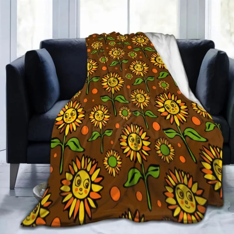 Retro Sunflowers Flower Cute daisy Cartoon Floral Fashion Brown Throw for Couch Fleece Blanket Flannel Collection