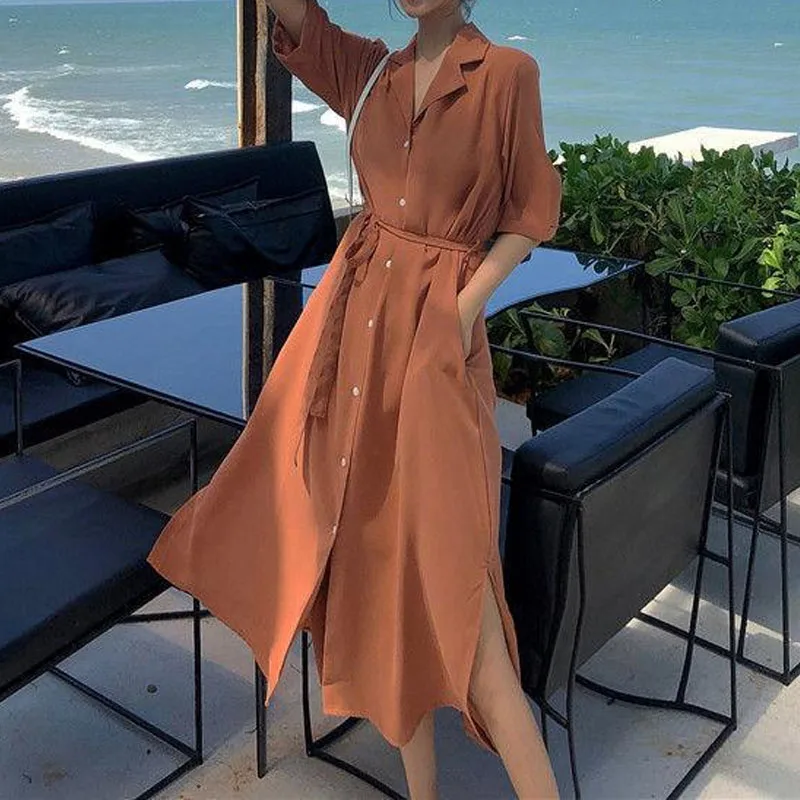 

Office Lady Solid Color Fashion Simplicity Single-breasted Dress Summer Elegant All-match Waist Notched Dresses Women's Clothing