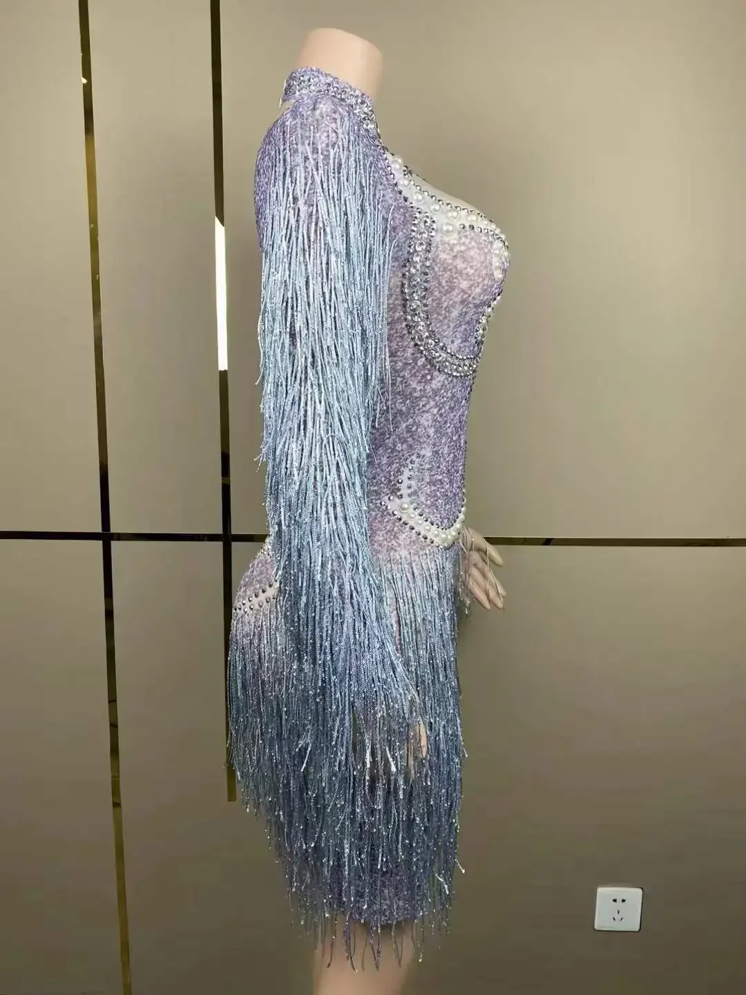 

Women Novelty 2026 Gorgeous Fringe Rhinestone Long Sleeve Sheer Sparkly Singer Birthday Dress Cheerleader Queen Silver Purple