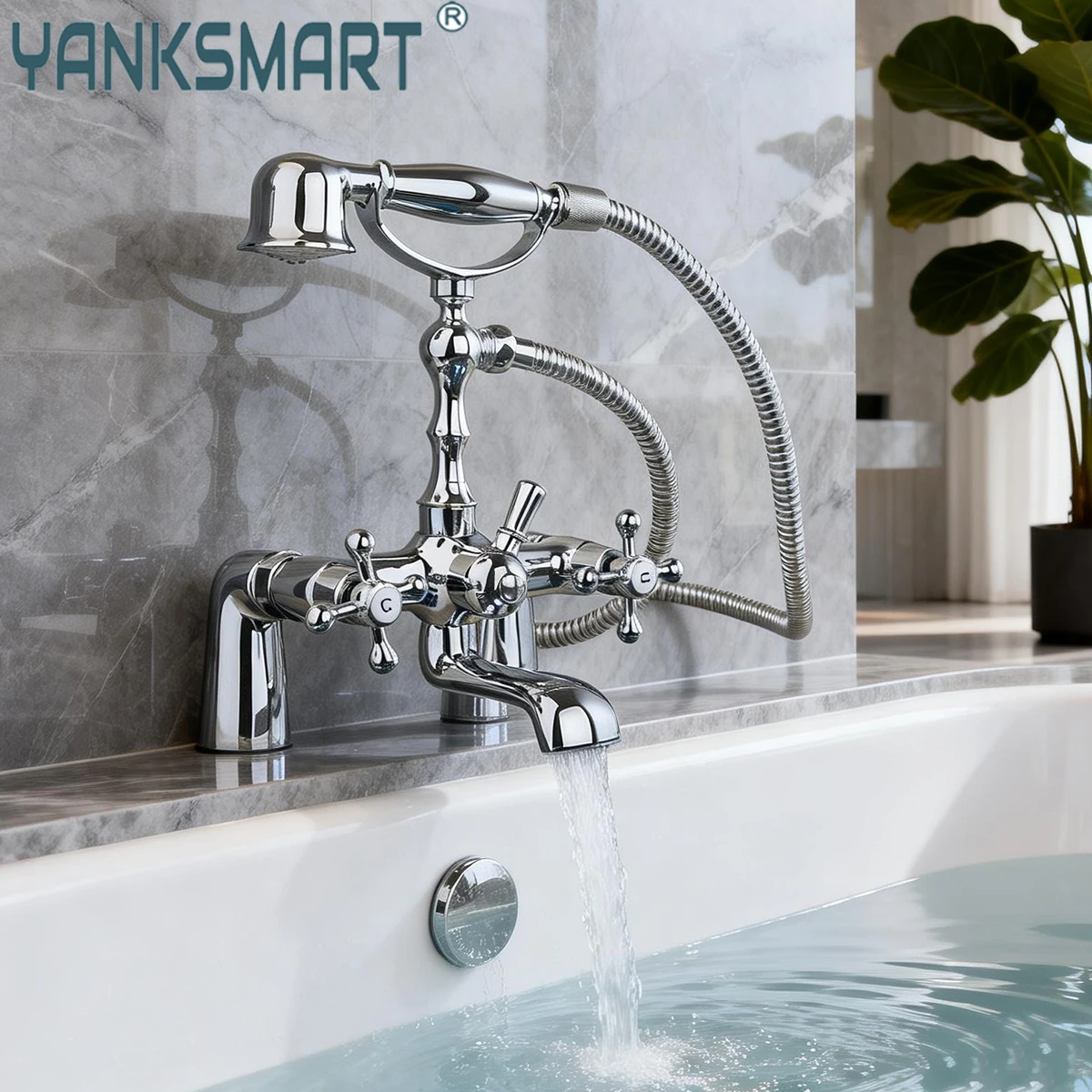 

YANKSMART Luxury Bathtub Faucet Telephone Style Deck Mounted Bathroom Torneira Chrome Polish Double Handles Sink Mixer Water Tap