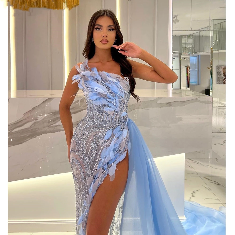 Charming Crystal Sequins Prom Dresses Feather Beading Side Split Illusion Mermaid Evening Gowns Custom Made Robe De Soirée