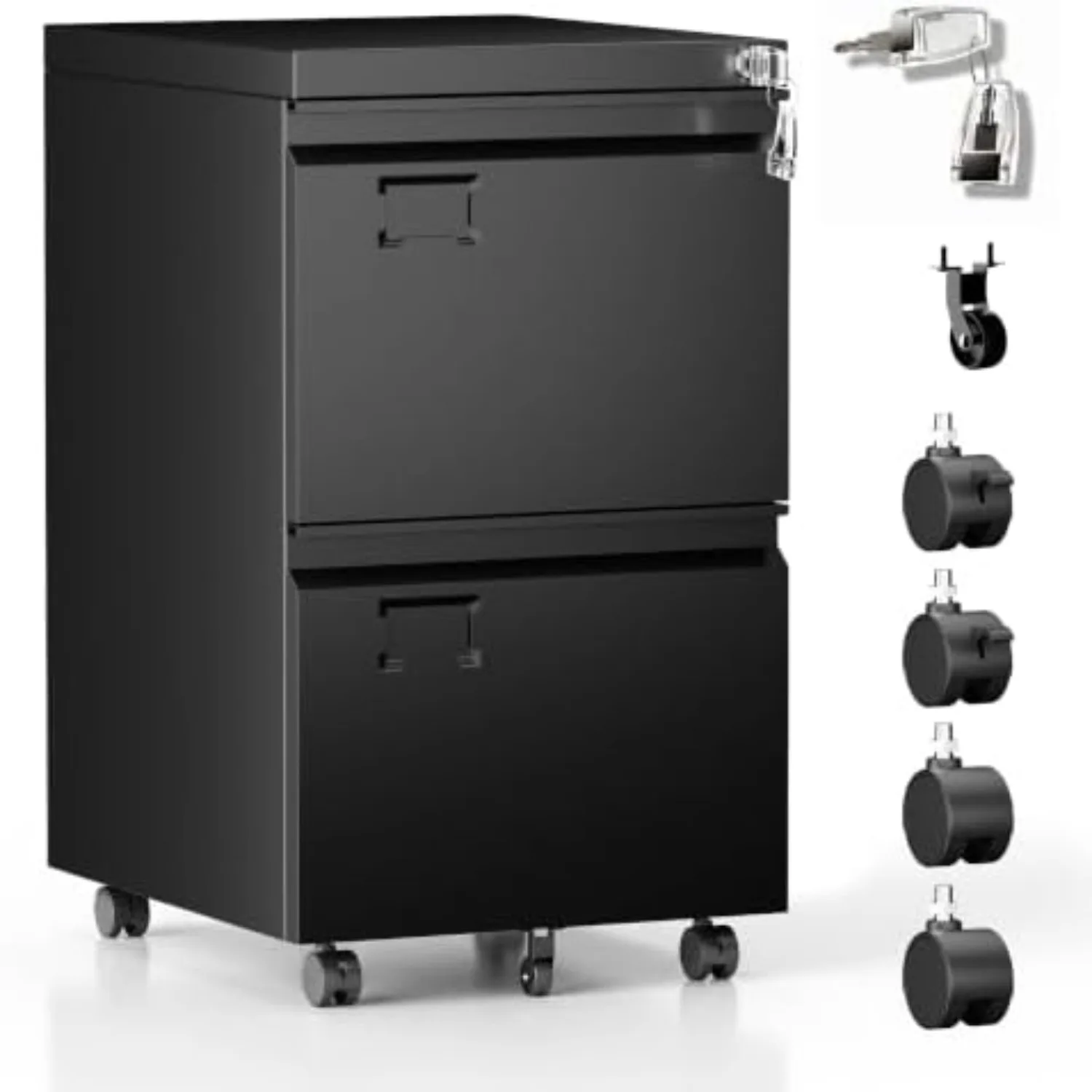 2 Drawer Metal File Cabinet with Lock, 5 Wheels, Black | Compact rolling file cabinet for letter and legal files