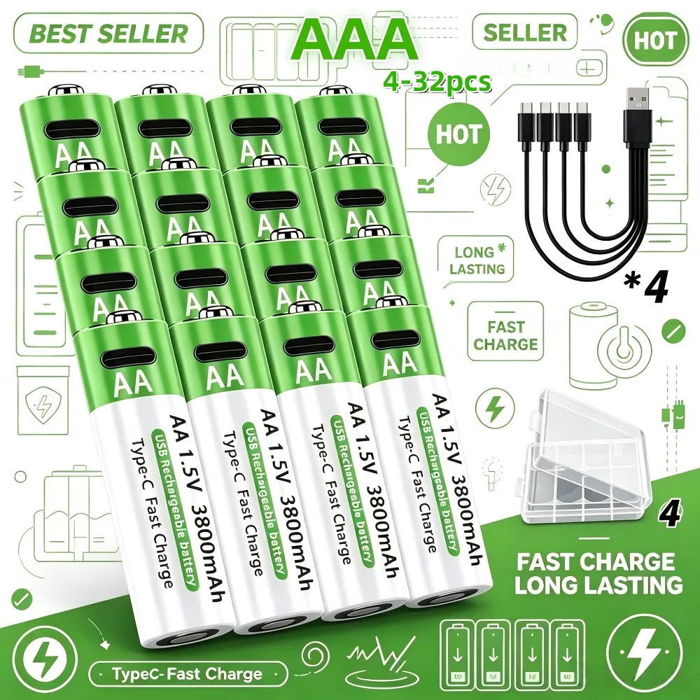 4-32PCS 3000mAh AAA Rechargeable Batteries 1.5V Li-ion with Type-C Cable+Storage Box Constant Voltage for Toys Mouse