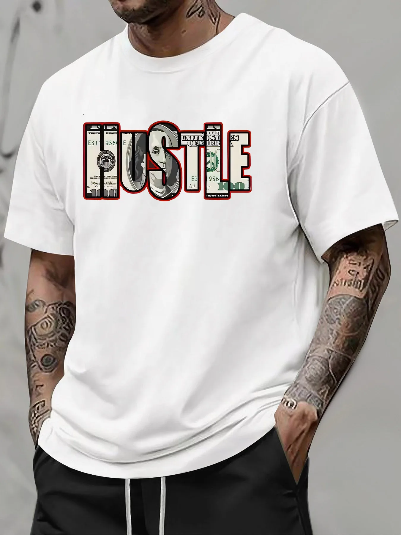 American Streetwear Brand Graphic Tee with Money and Struggle Themed Print, Graffiti Lettering, Short Sleeves, Unisex High Street Couple's Top