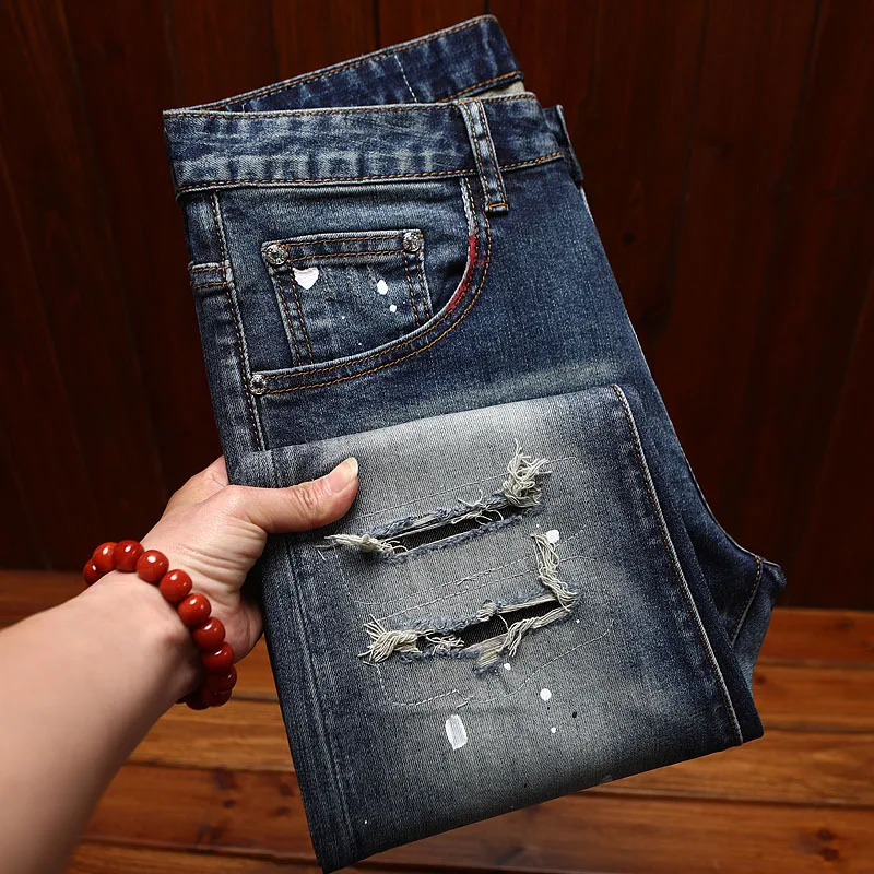 جينز مكسور للرجال، اتجاه كلاسيكي، طراز الشارع القديم، مقاس نحيف، أقدام صغيرة، سروال جينز مرن ثقيل الوزن