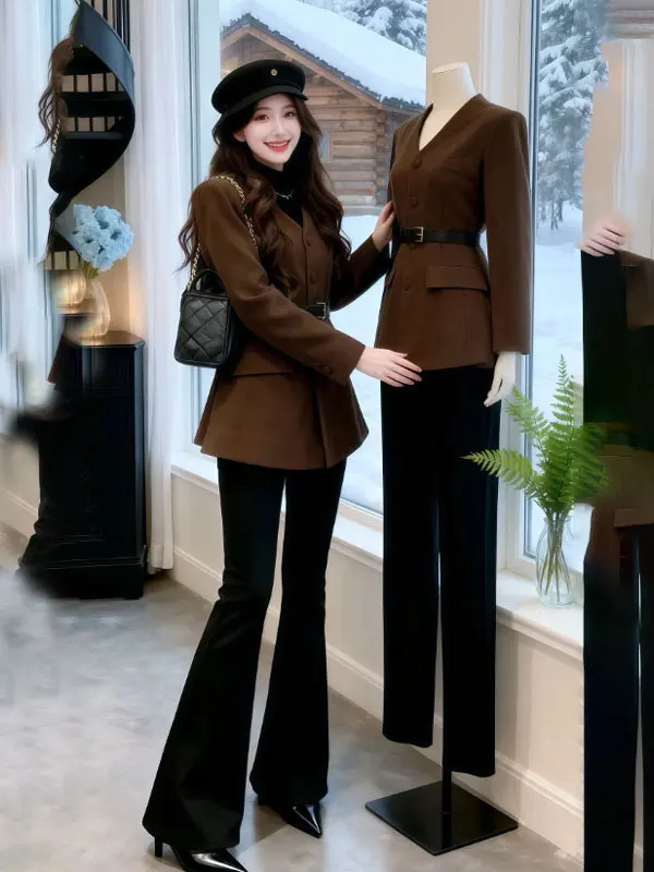 

Korean Sle Slimming Woolen Coat Women's Faionable Winter Outerwear V-Ne Long Sve Anti-Stain Regular Fit Coat