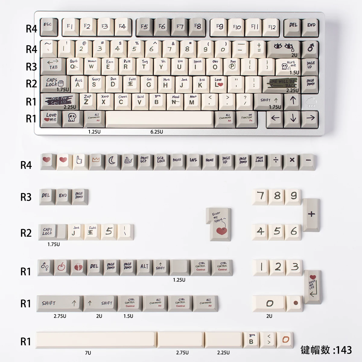 Retro Love Story  Keycap 143-Key 61/64/75 Mechanical Keyboard Pbt Sublimation Cherry Hand-Painted Style Khaki Gray Keycaps