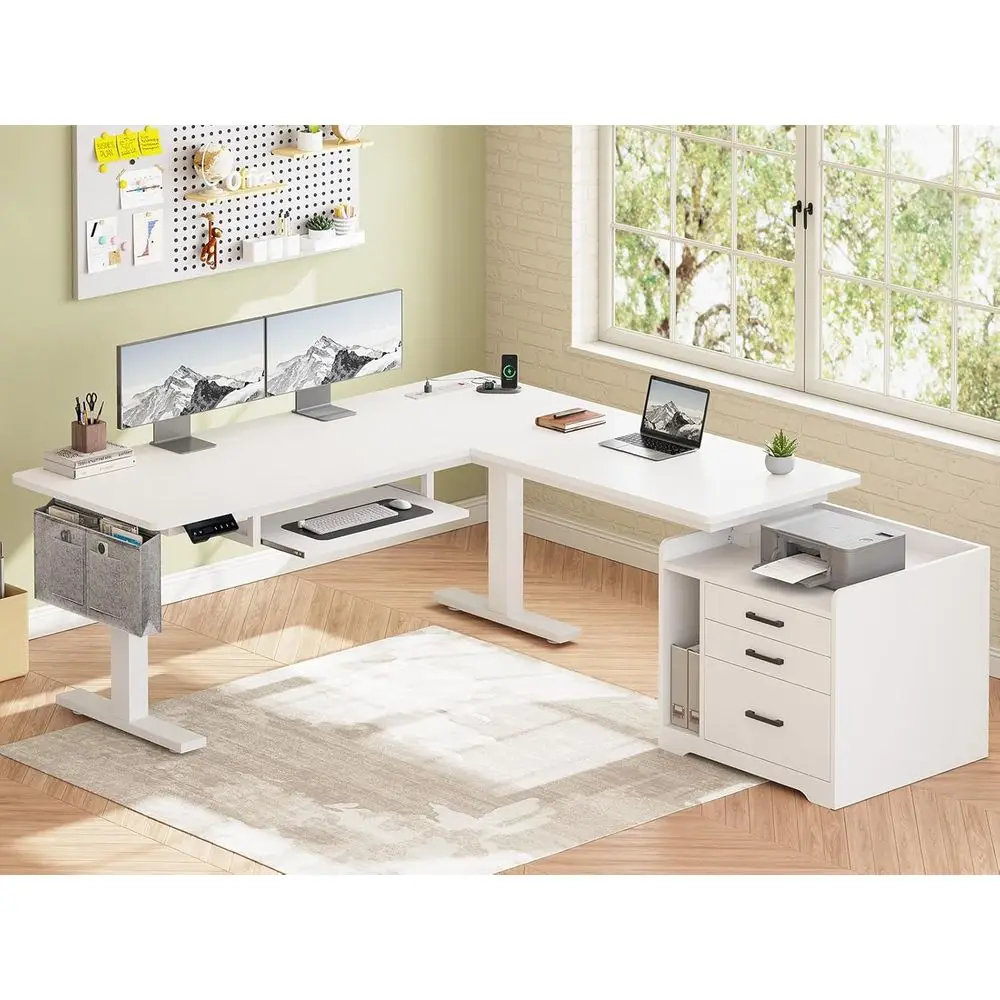 

Белый L-образный электрический стол-трансформер с ящиками, регулируемый 63x53 дюйма, компьютерный стол для домашнего офиса с тумбой, розеткой, LE