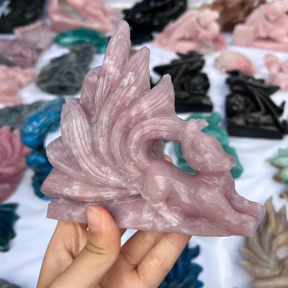 1PCS Natural Pink Opal Quartz Nine-Tailed Fox Carving Crystal Fengshui Love Healing Stone Home Decor Gift