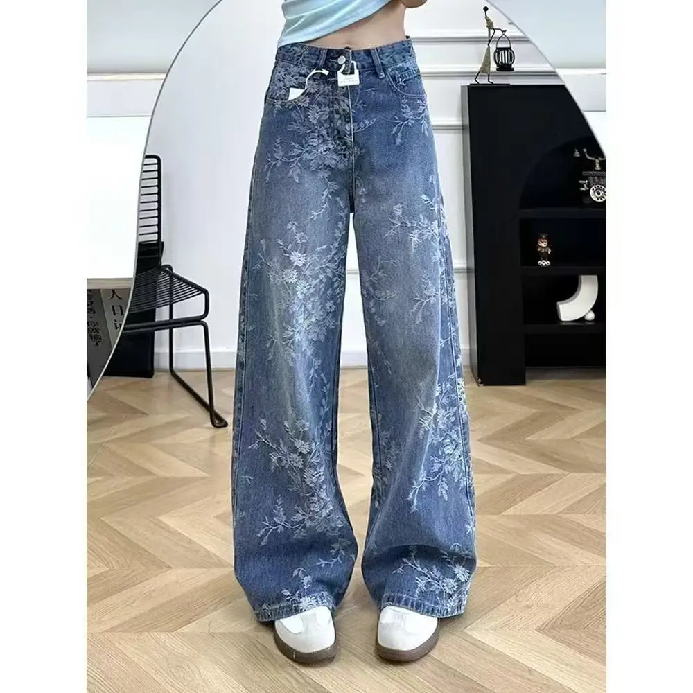 

Vintage High-Waisted Slimming Straight-Leg Jeans Women's Fashion Spring Autumn 2025 New Style American Daisy Printing