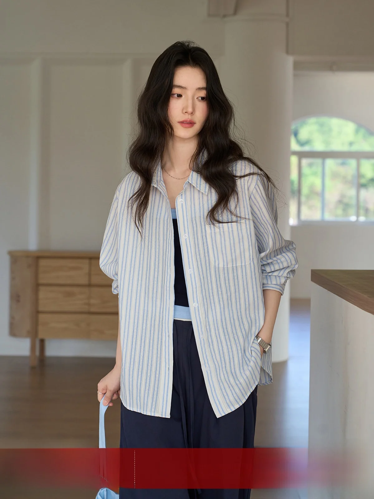 

MoZao Women's White Striped Collar Long Sleeve Casual Shirt Loose Fit Summer New Style Versatile Slimming Top