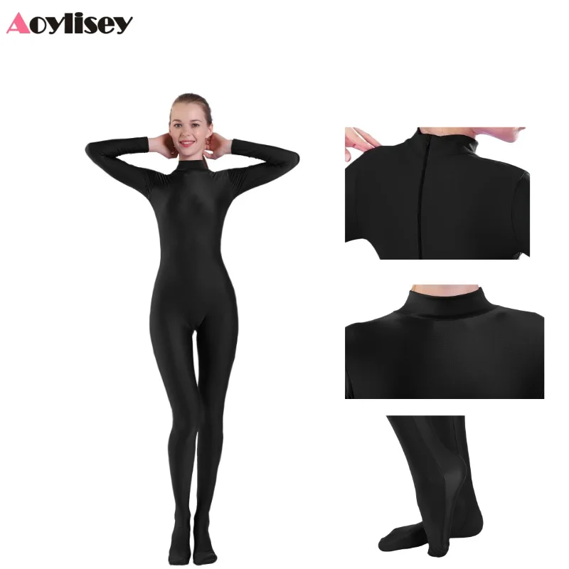 

Adult Spandex Full Body Zentai Footed Unitards Jumpsuit Long Sleeve Bodysuit Girls Catsuit Skin Tight Halloween Costume Dance