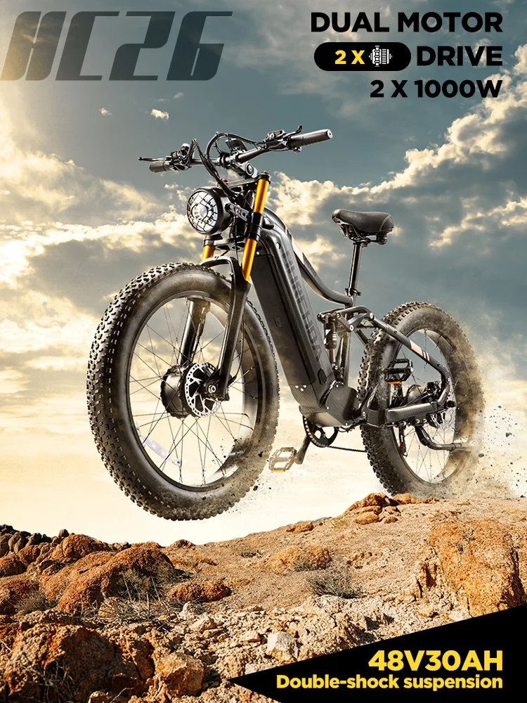 BURCHDA HC26 Dual-Motor Mountainbike, 48V30AH Akku, 26 Zoll MTB Herren-Elektrofahrrad, Erwachsenen-E-Bike mit 2*95Nm Motoren und Fettreifen