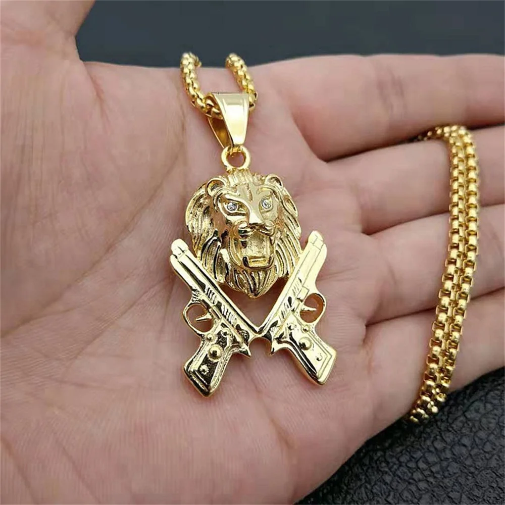 Punk Gun Löwenkopf Anhänger Gold Farbe Edelstahl Rapper Tier Halskette Für Männer Coole Mode Party Schmuck Männlichen Geschenk 2025