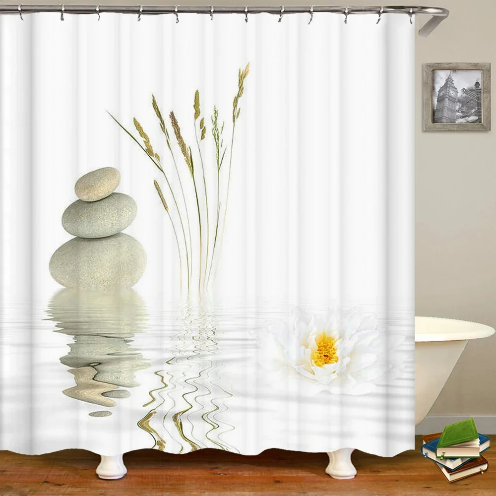 3D Flower Bamboo Pebble Water Green Plant Shower Curtain Waterproof Polyester Curtain Home Decoration Shower Curtain Zen Curtain