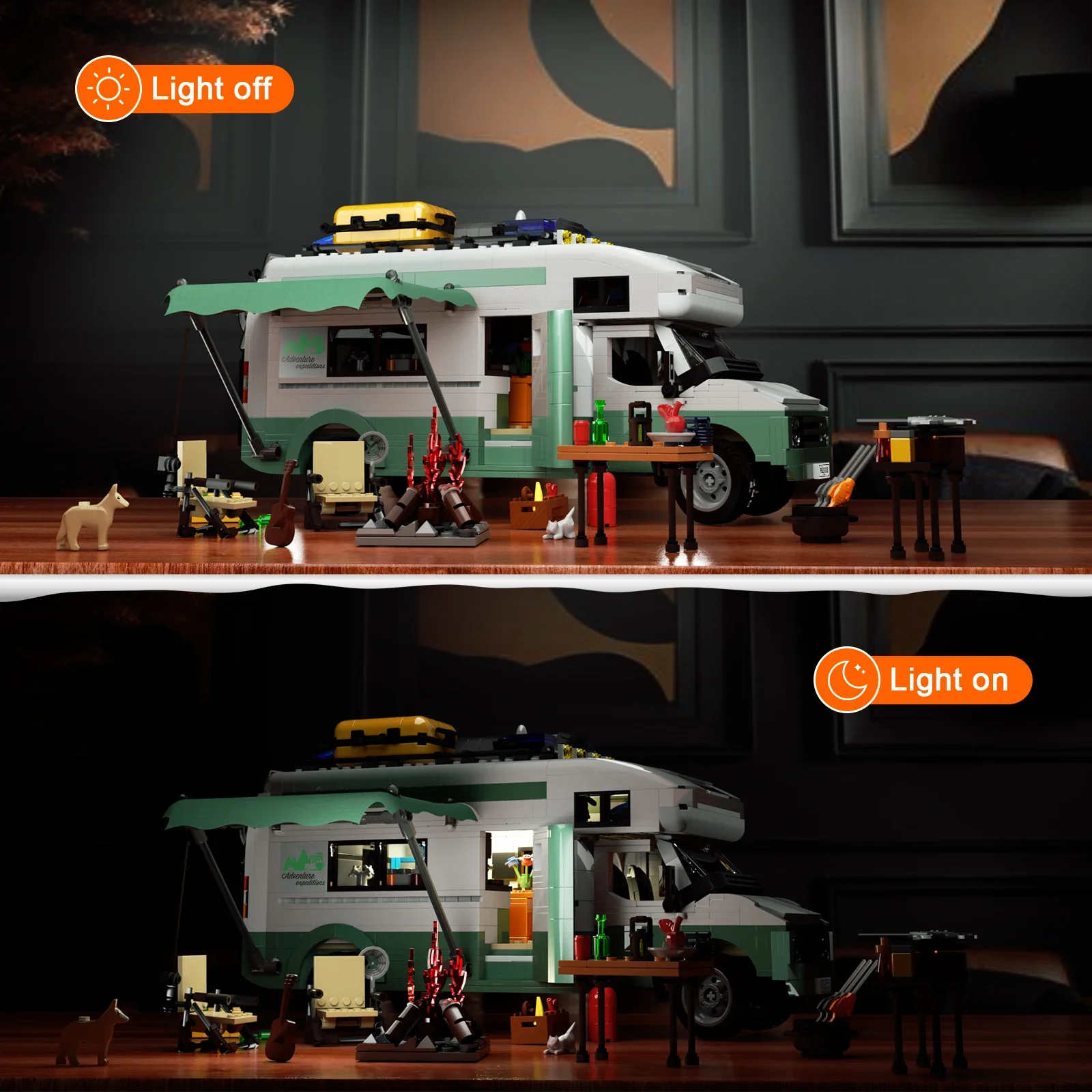 MOC-Camping-car Van de vacances, kit de nuit de construction avec boîte et lumière, grands véhicules, modèle de caravane, jouets de collection