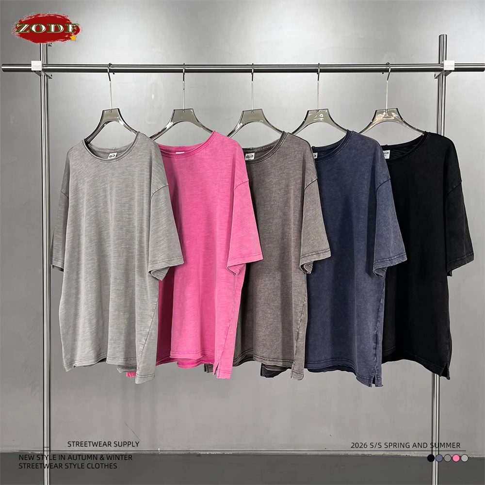 

ZODF винтажные летние мужские хлопковые футболки унисекс с потертостями, 275 г/м2, мягкая футболка со свободными краями, футболки HY1208