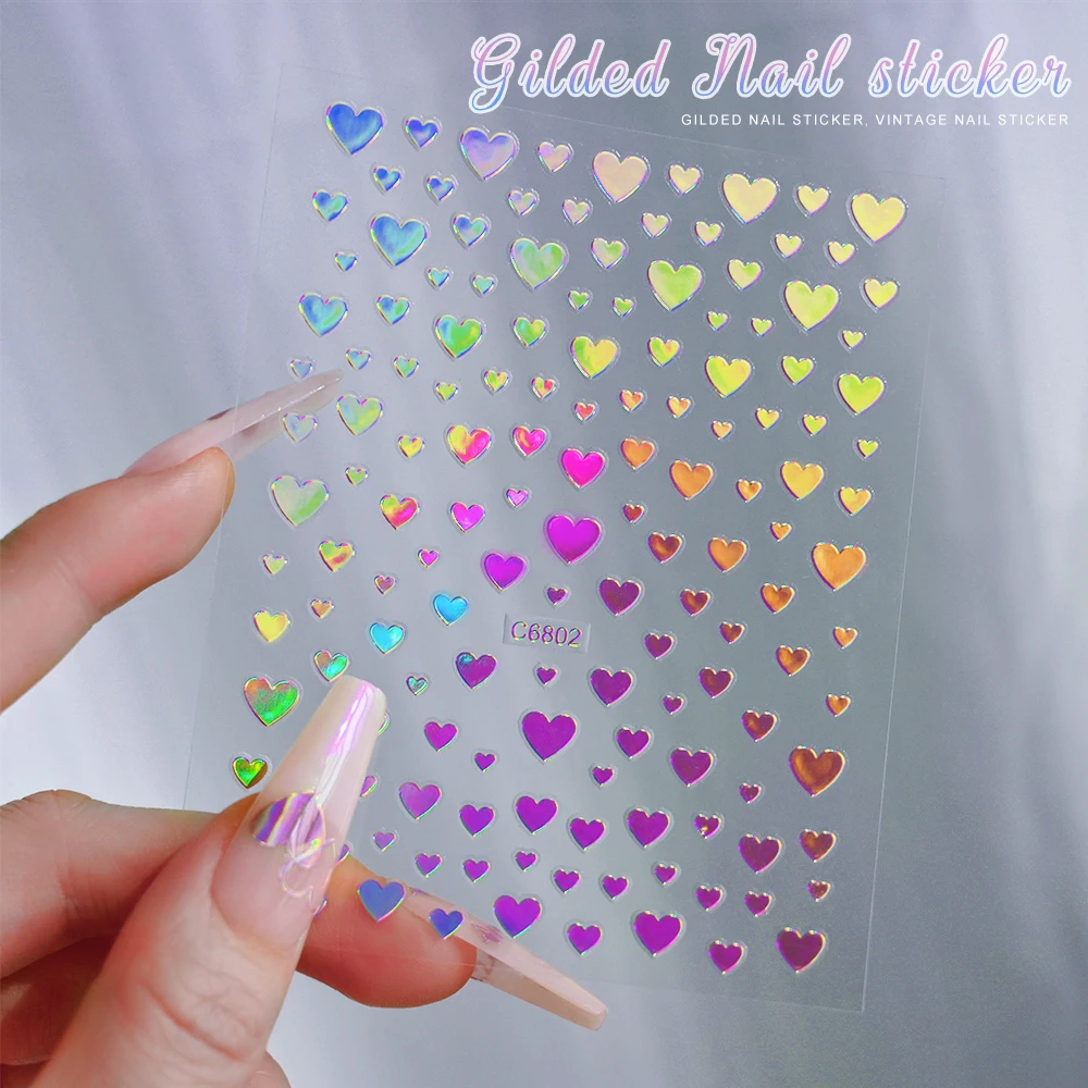 6 Sheets 3D Laser Holographic Love Heart Nail Stickers Cute Rainbow Star/Moon Nail Art Decal Self-Adhesive 8-10cm Kawaii Nail Lo