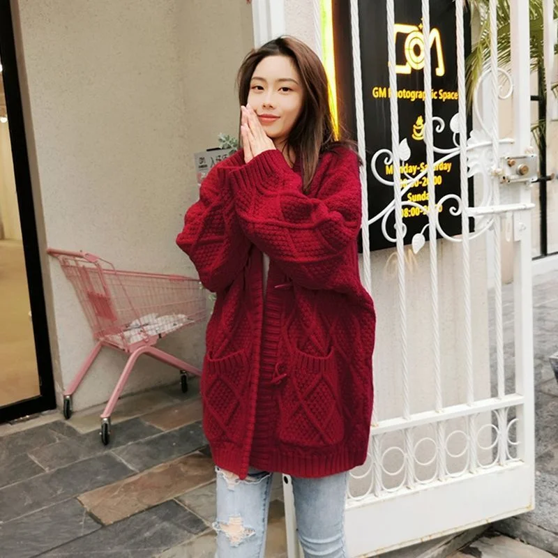 Korean Horn Button Sweater Women Autumn Winter Outer Cardigan Mid-length Loose Thick Line Thickened Lazy Style Knitted Jacket
