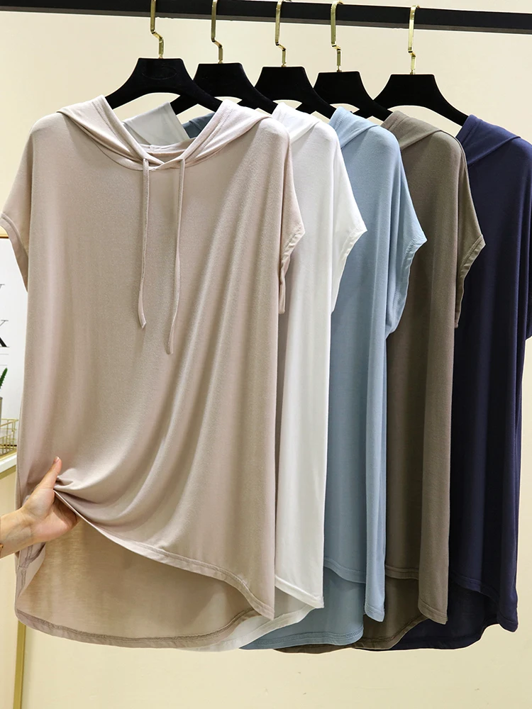 Décontracté Modal ort Sve T-shirt femmes été mince grande taille haut Simple couleur Base irt coupe ample à capuche T-shirt