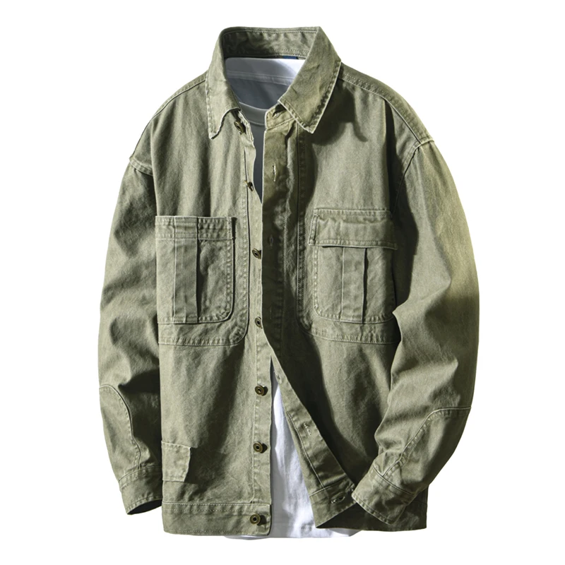 

2026 Spring Autumn New Cargo Multi-pockets Loose Comfort Jackets for Men 100% Cotton Seagull Collar Sense of Layering Men Tops