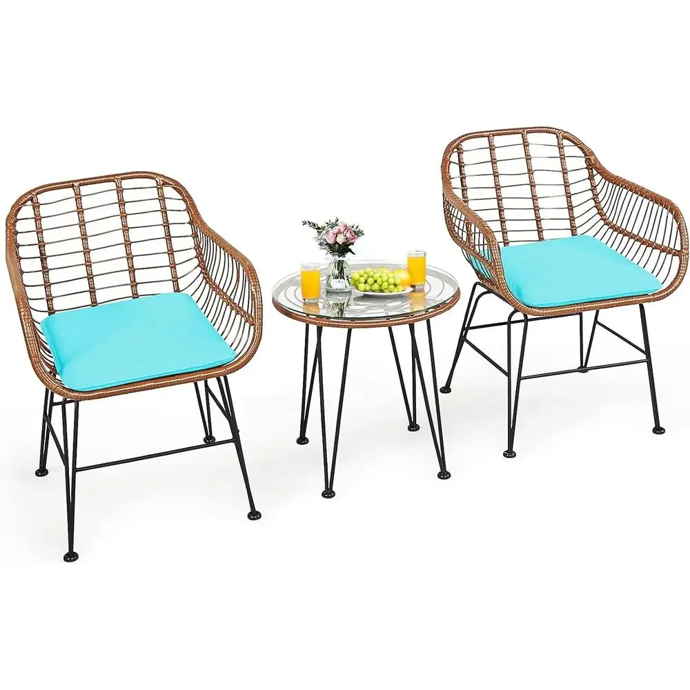 3-Piece Outdoor Bistro Set with Wicker Furniture, Tempered Glass Table and Cushioned Armchairs