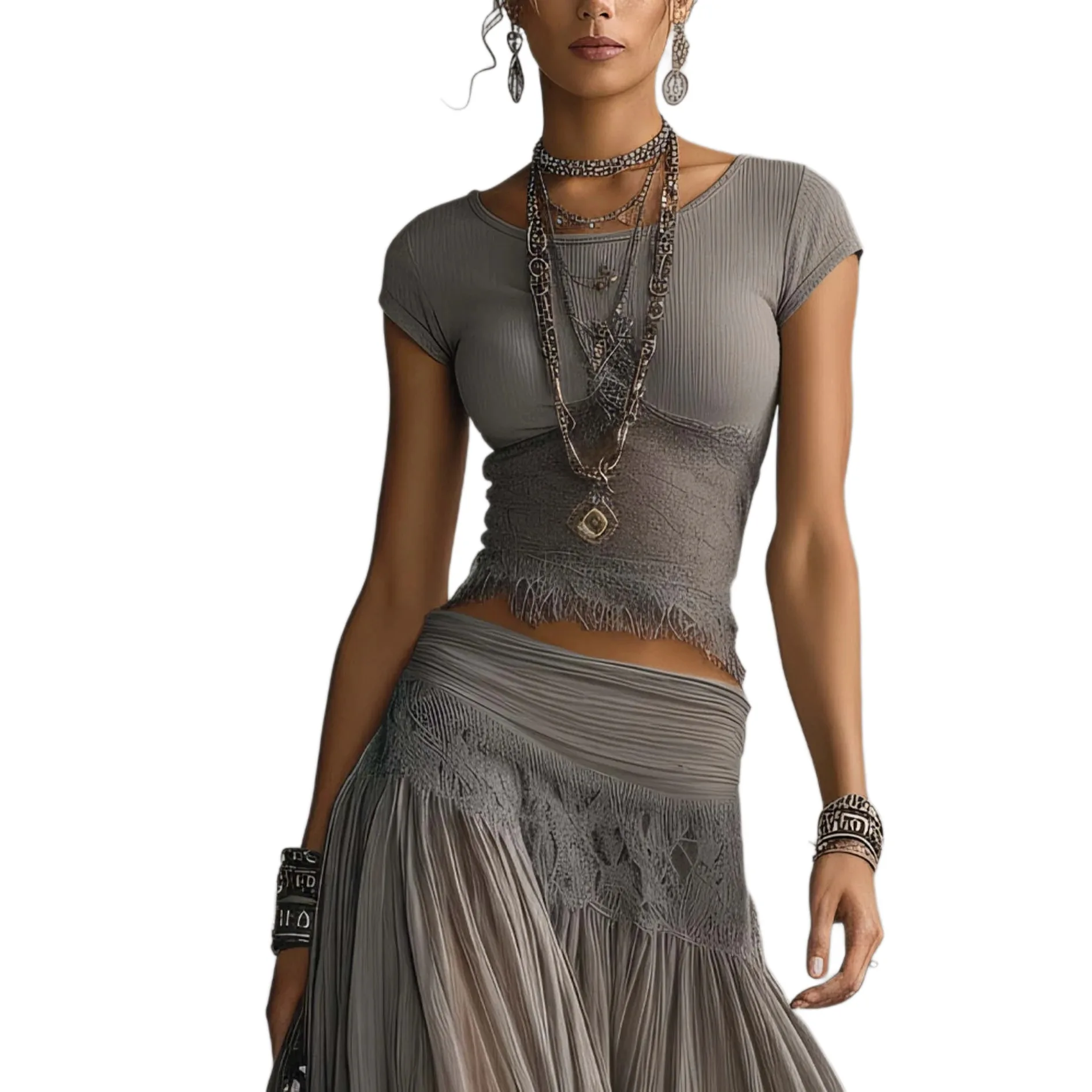 Grey Knitted Top Chiffon Long Skirt Set Women's Fashion Autumn Winter Two-Piece Suit Pure Color Linen Fabric Three-Quarter Sl...
