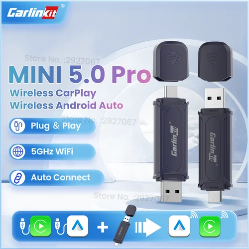 Adaptador inalámbrico CarPlay y Android Auto CarlinKit 5.0 Pro MINI, modo dual, con cable a USB inalámbrico, plug & play para automóviles OEM