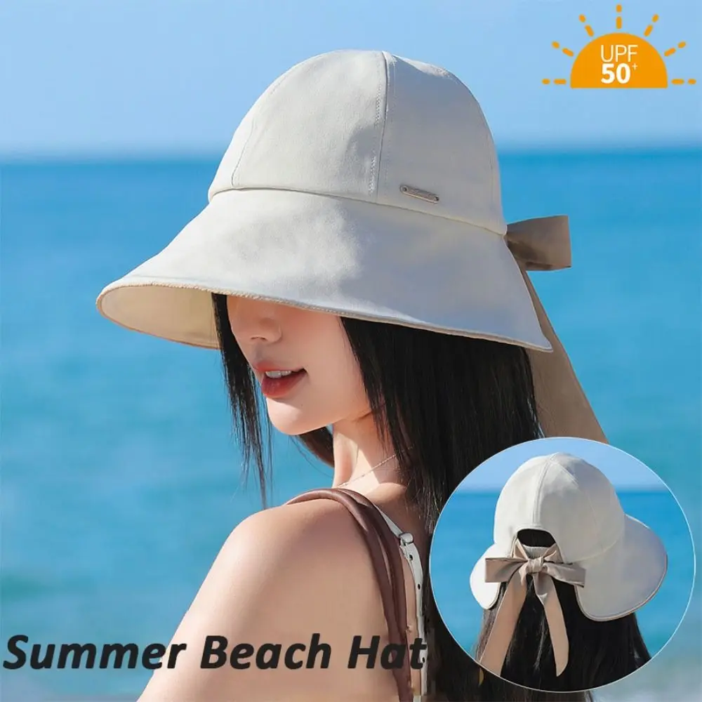 

Fashion Wide Brim Sun Hat Breathable Foldable Women Bucket Hat UV Protection with Bow Ponytail Hole Summer Beach Hat
