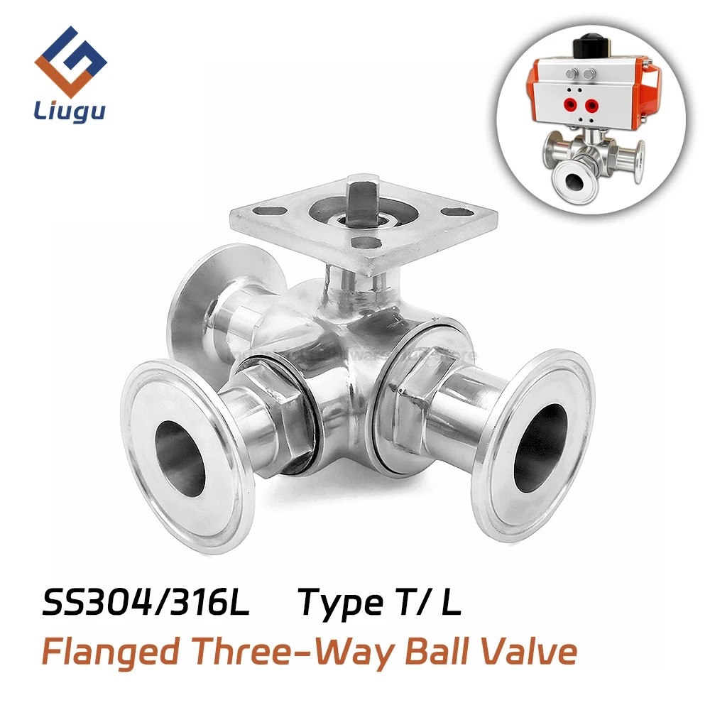 304/316L Stainless Steel Sanitary Three-way Ball Valve,High Platform T/L Port,Tri Clamp Fast Install,OD19-102mm,Food Grade Valve