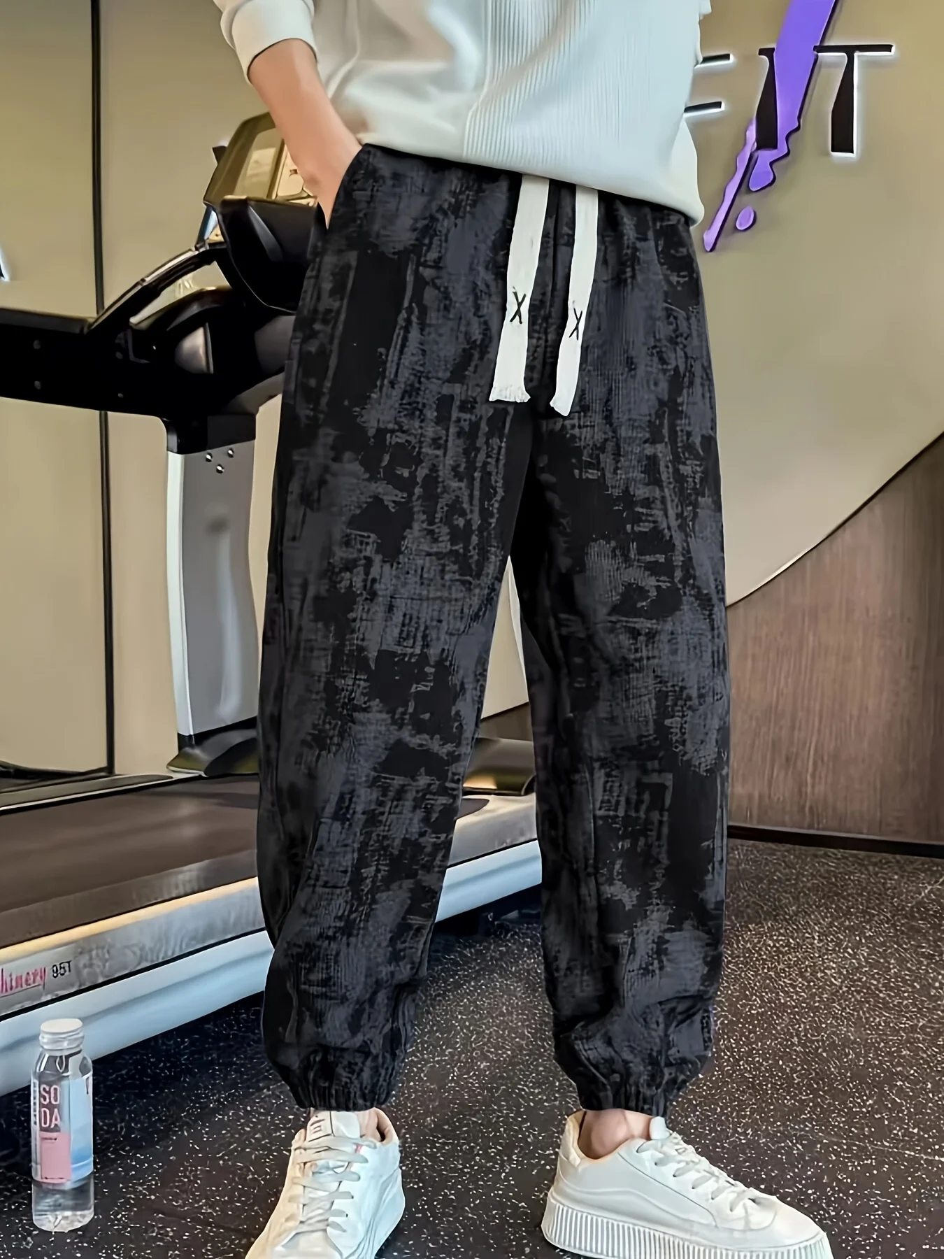 2026 Summer Men's Black Abstract Pattern Joggers Quick Dry Comfortable Loose Casual Fashion Streetwear Drawstring Kids Trousers