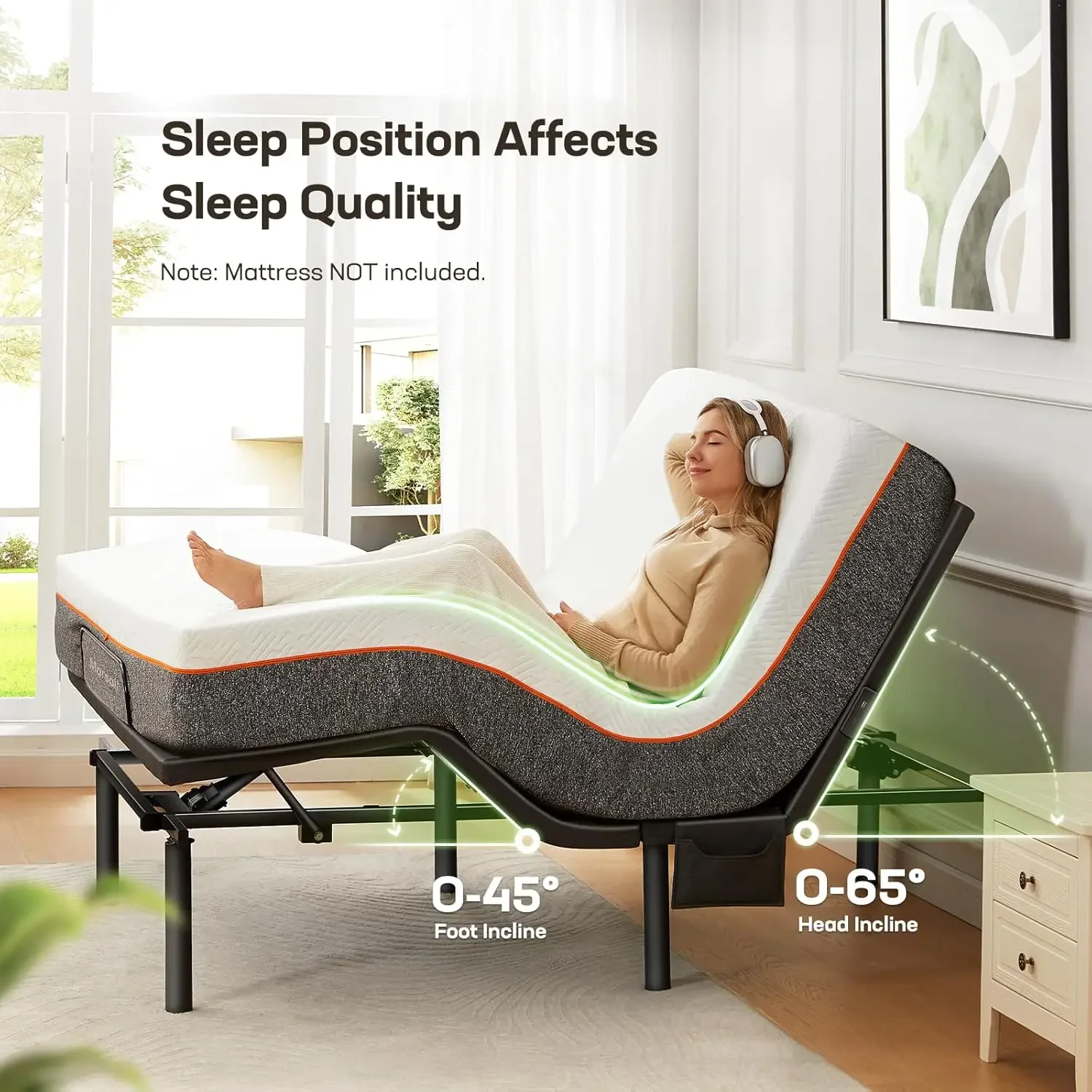 إطار قاعدة سرير MS01 Twin XL قابل للتعديل، 4 منافذ USB A&C قاعدة سرير قابلة للتعديل مع إضاءة ليلية تحت السرير، تجميع سريع لمدة 3 دقائق